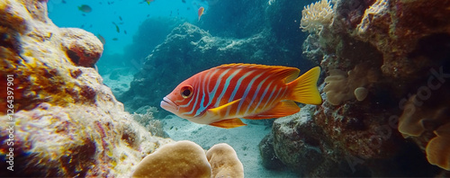 Many colorful fishes swimming around the coral