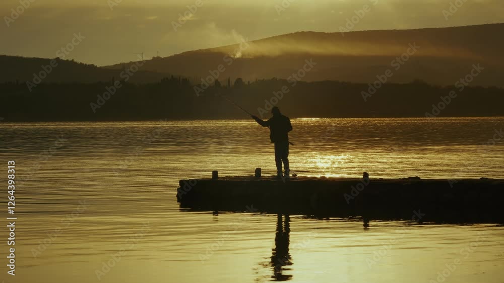 A person enjoys fishing from a dock while the sun sets over serene waters and distant hills. A person enjoys fishing from a dock while the sun sets over serene waters and distant hills.