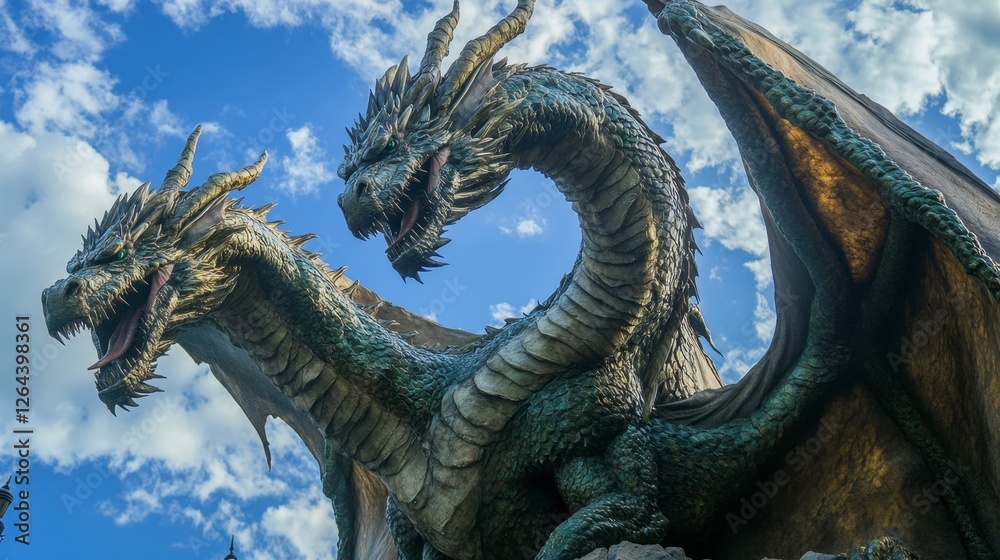 Fototapeta premium Majestic Three-Headed Dragon Statue Amidst Blue Sky and Clouds