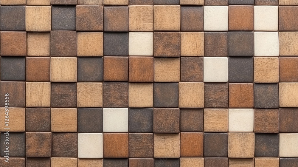 Fototapeta premium A close-up of a textured wooden tile pattern featuring various shades of brown and cream, Ideal for interior design projects, home decor, and promotional materials emphasizing natural elements,
