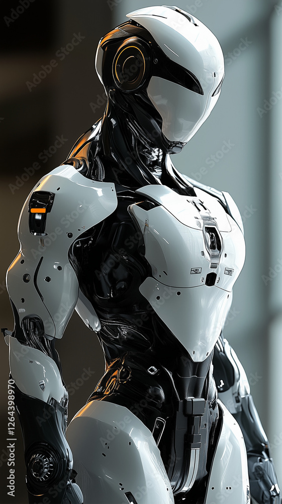 Fototapeta premium A close-up of an aesthetically designed futuristic robot model, emphasizing its sleek form, intricate features, and advanced technology, representing innovation in robotics.