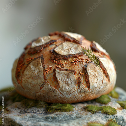 This image features a beautifully crafted rustic bread decorated with seeds, showcasing its detailed textures and unique artisanal style, inviting a sense of warmth. photo