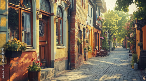 Cartoon city street with nice houses and cafe. Vector illustration of town neighborhood, residential district. Brick buildings facade with windows and doors, empty sidewalk and road on sunny morning