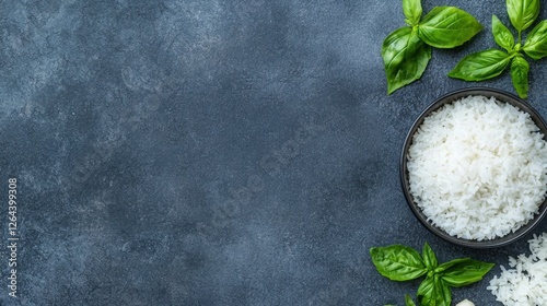 Freshly cooked white rice in a dark bowl surrounded by vibrant green basil leaves on a textured surface, Suitable for food blogs, recipe books, and culinary articles, photo