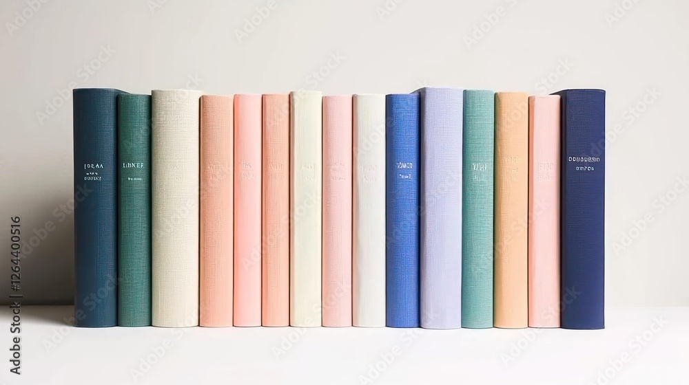 Row Of Hardcover Books In Pastel Colors On White Shelf Row Of Hardcover Books In Pastel Colors On White Shelf