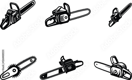 Chainsaw vector illustration set, Chainsaw silhouette or line art vector icon with transparent background
