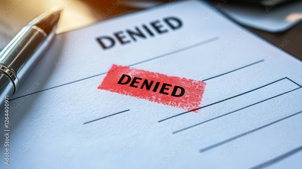 Denied Stamp On Document With A Pen. Symbolizes Rejection, Refusal, Or Negative Decision On An Application. Denied Stamp On Document With A Pen. Symbolizes Rejection, Refusal, Or Negative Decision On An Application.