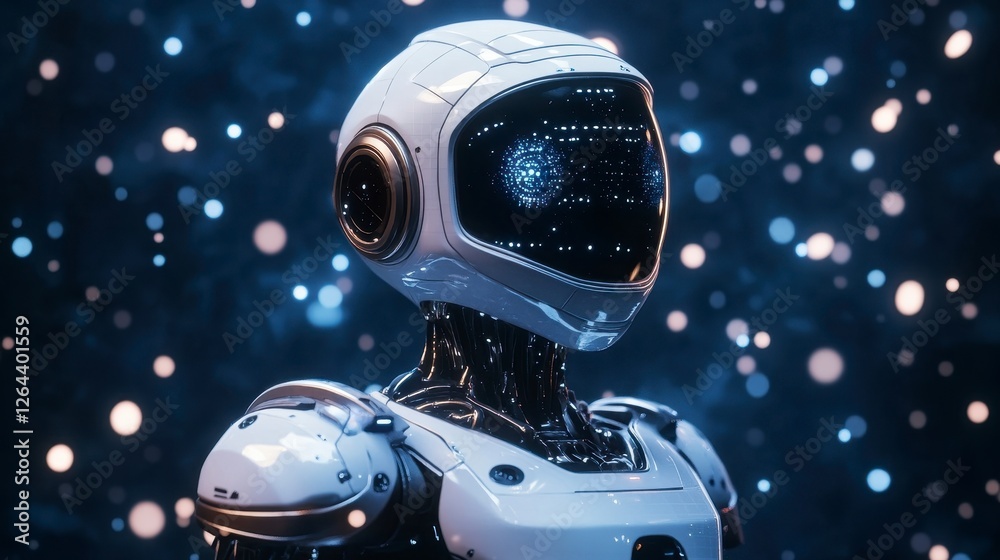 Futuristic Robot Portrait in a Sparkling Cosmic Environment Futuristic Robot Portrait in a Sparkling Cosmic Environment
