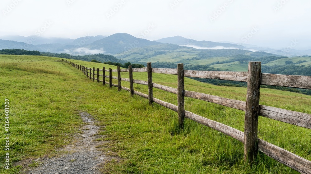 Misty mountain range with wooden fence. Rural landscape. Possible use Nature photography Misty mountain range with wooden fence. Rural landscape. Possible use Nature photography