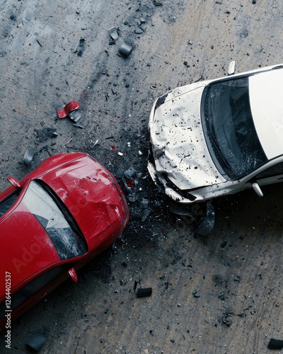 A dramatic overhead view of a red car and a white car involved in a collision, surrounded by debris on the road.