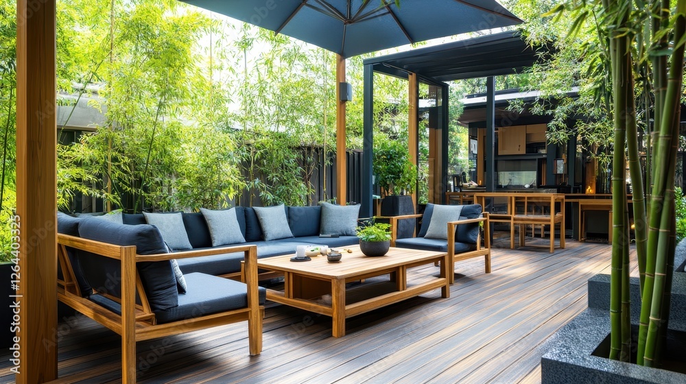 Fototapeta premium Beautiful outdoor living space showcases natural bamboo surroundings and furniture
