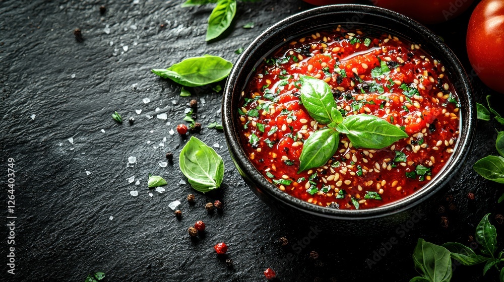 Spicy Tomato Salsa in Black Bowl Spicy Tomato Salsa in Black Bowl