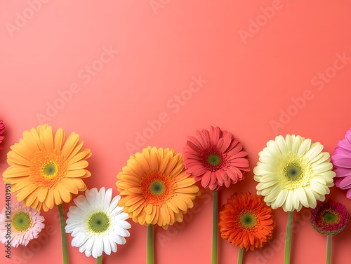 Colorful gerbera flowers on a coral background. Happy Mother's Day concept. Greeting card design template.