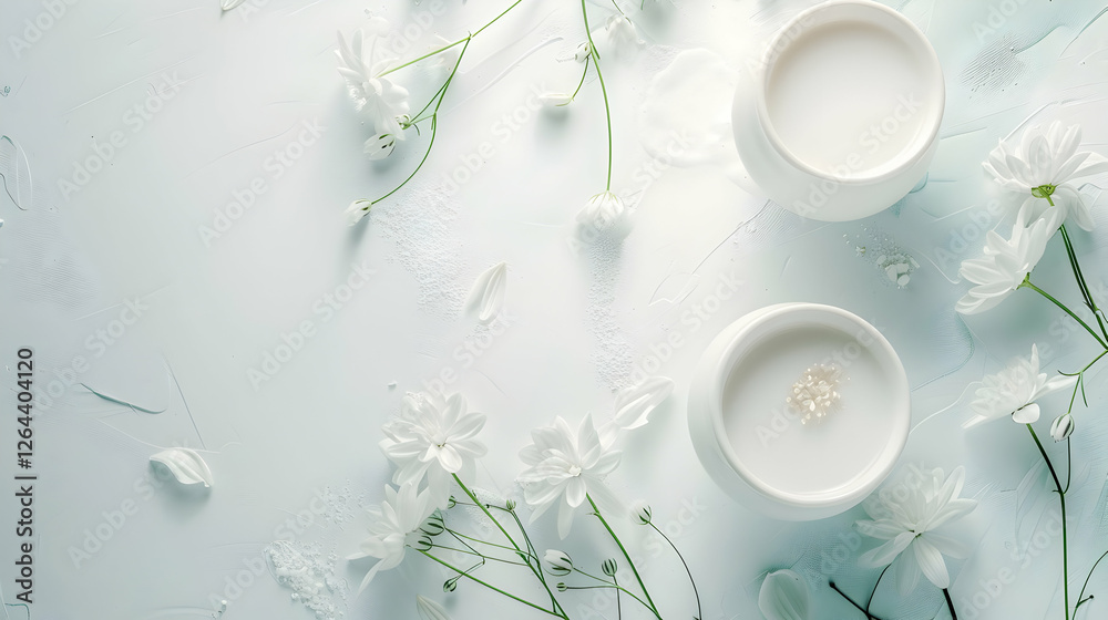 Fototapeta premium Serene composition of white candles surrounded by delicate flowers on a soft pastel background