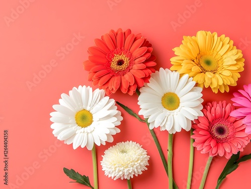Colorful gerbera flowers on a coral background. Happy Mother's Day concept. Greeting card design template.