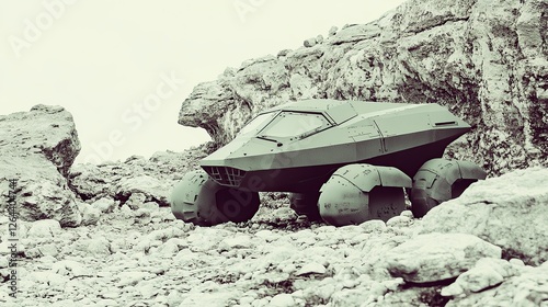 Futuristic rover exploring rocky terrain, desolate landscape, science fiction concept art photo