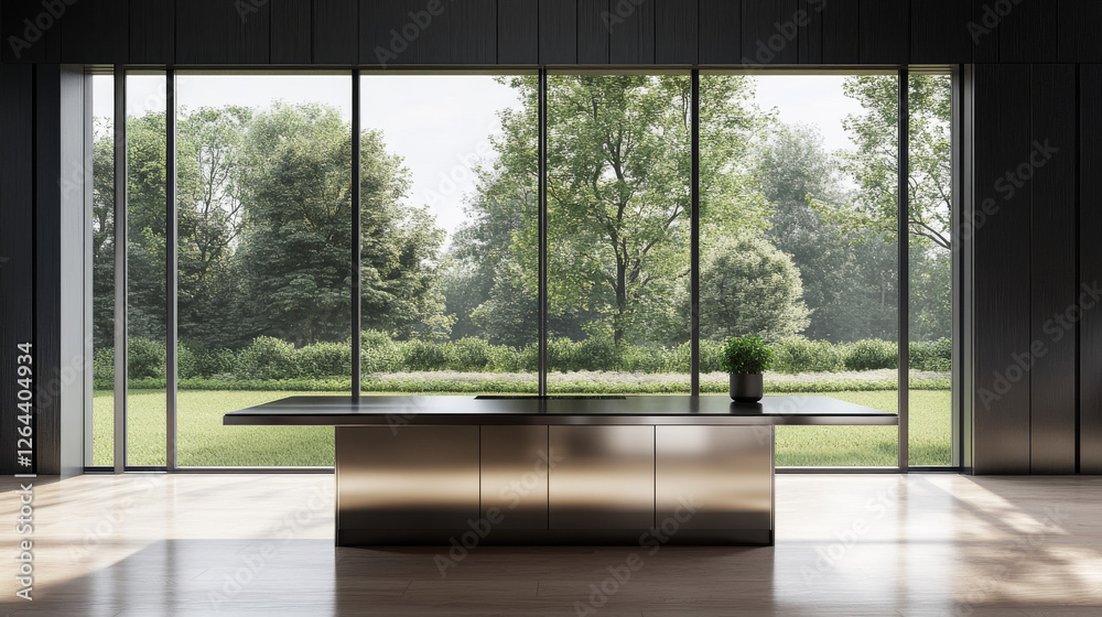 Naklejka premium Steel table surface top view front of window with sun light on white wall background. Kitchen or cafe interior with stainless desk, inner design project visualization, Realistic 3d vector illustration