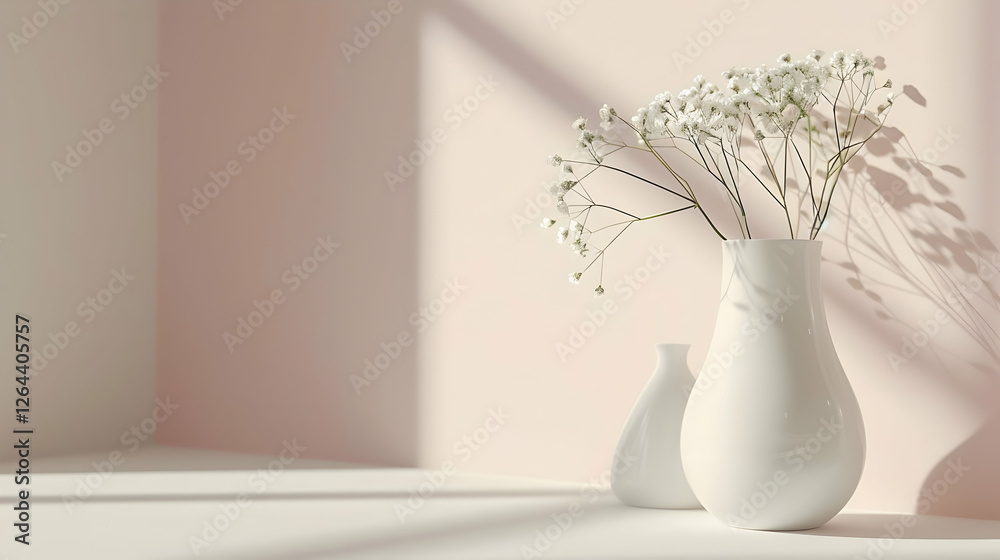 Elegant white vases with delicate flowers casting soft shadows on a pastel pink wall, creating tranquility Elegant white vases with delicate flowers casting soft shadows on a pastel pink wall, creating tranquility