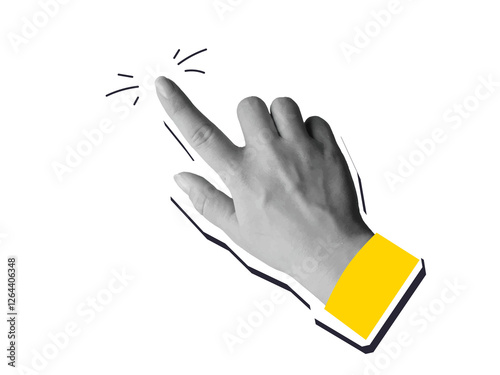 Black and white hand gesture point to, click or tap - cut out element for collage. Modern photo collage style. Illustration on transparent background photo