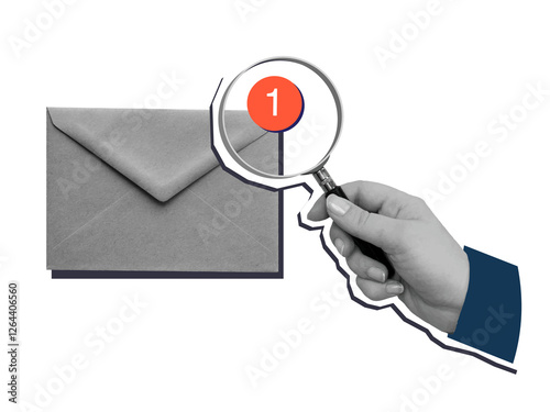 A person looks at the number of unread letters through a magnifying glass. Modern collage style. Illustration on transparent background