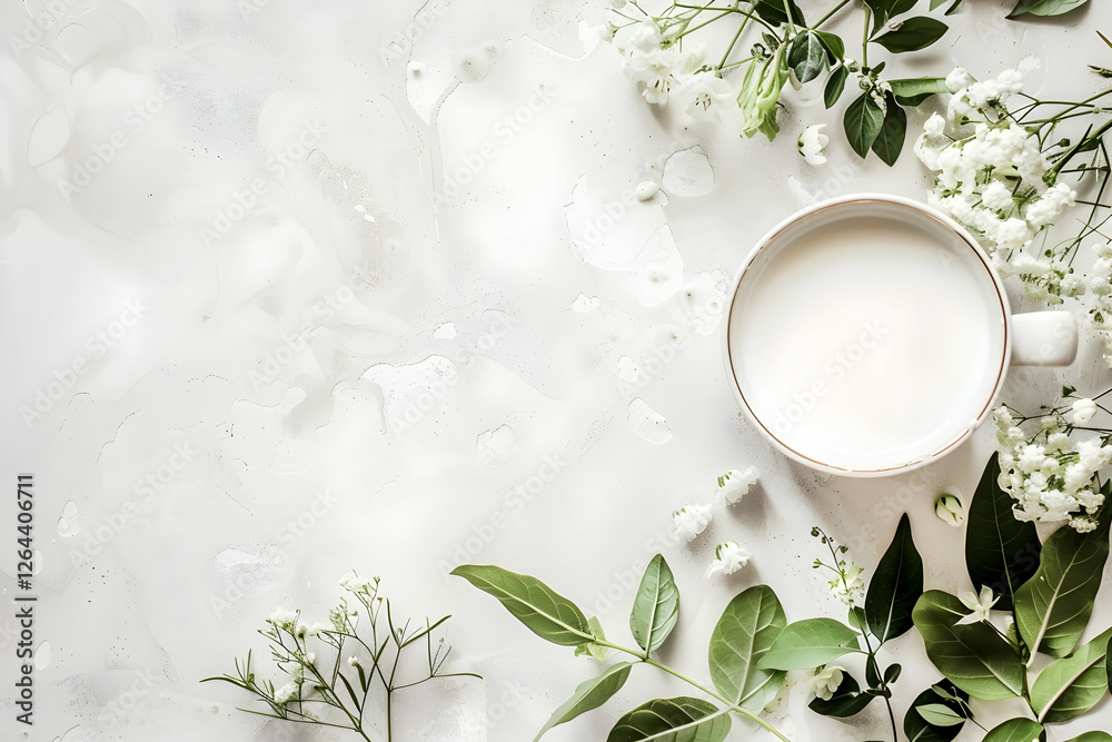A serene composition featuring a cup of milk surrounded by fresh white flowers and green leaves