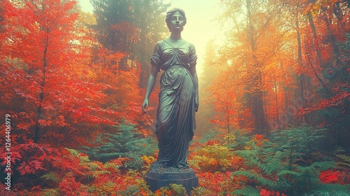 Autumnal Enchantment: A Bronze Statue in a Misty Forest