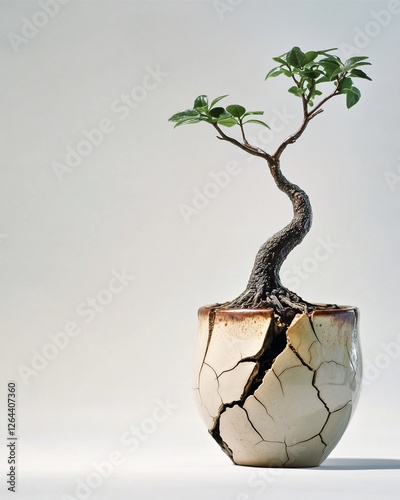 Resilience: A miniature bonsai tree thrives in a cracked ceramic pot, symbolizing strength, perseverance, and the beauty of imperfection.