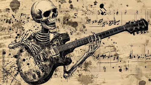 Skeletal Musician Plays an Eerie Melody on Distressed Guitar photo