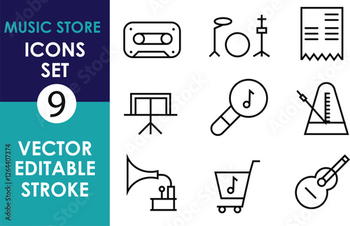 A vector icon set featuring nine black line icons related to music, including a cassette, drum set, sheet music, music stand, magnifying glass with a note, metronome, gramophone, shopping cart 