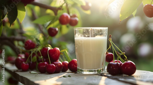 Wallpaper Mural A refreshing glass of milk surrounded by ripe cherries on a sunlit wooden table in a garden Torontodigital.ca