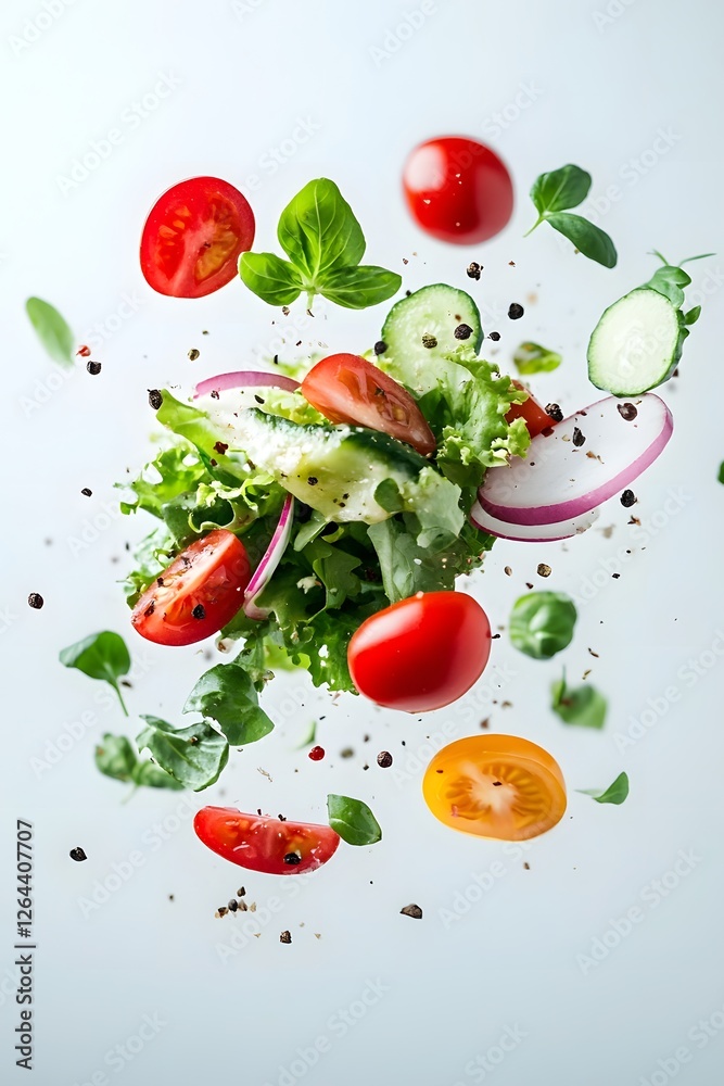 Vibrant Floating Salad Ingredients with Soft-Focus White Background and Copy Space Vibrant Floating Salad Ingredients with Soft-Focus White Background and Copy Space