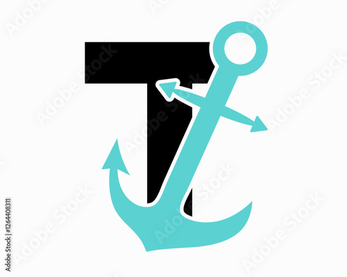 Initial Letter T Anchor Logo Design Concept For Boat, Ship, Yacht, Nautical Transport Symbol