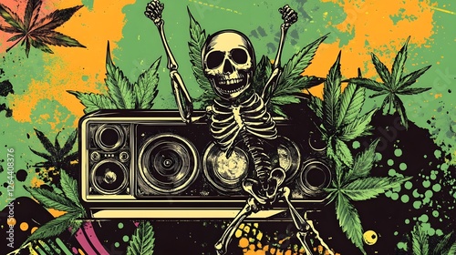Skeleton Holding Boombox with Cannabis Leaves Psychedelic Grunge Artwork
