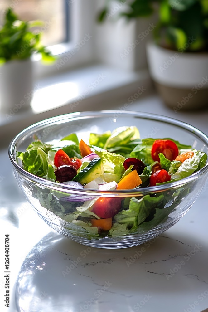 Transparent Glass Bowl Filled with Fresh Salad Leaves and Vegetables on White Kitchen Counter Transparent Glass Bowl Filled with Fresh Salad Leaves and Vegetables on White Kitchen Counter