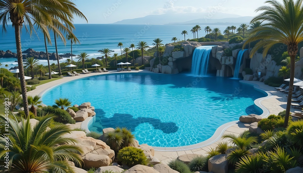 Fototapeta premium Luxury Resort Infinity Pool with Waterfall Overlooking Ocean