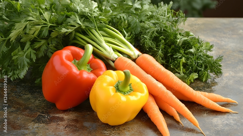 Vibrant Assortment of Fresh Organic Vegetables on Rustic Kitchen Counter Vibrant Assortment of Fresh Organic Vegetables on Rustic Kitchen Counter