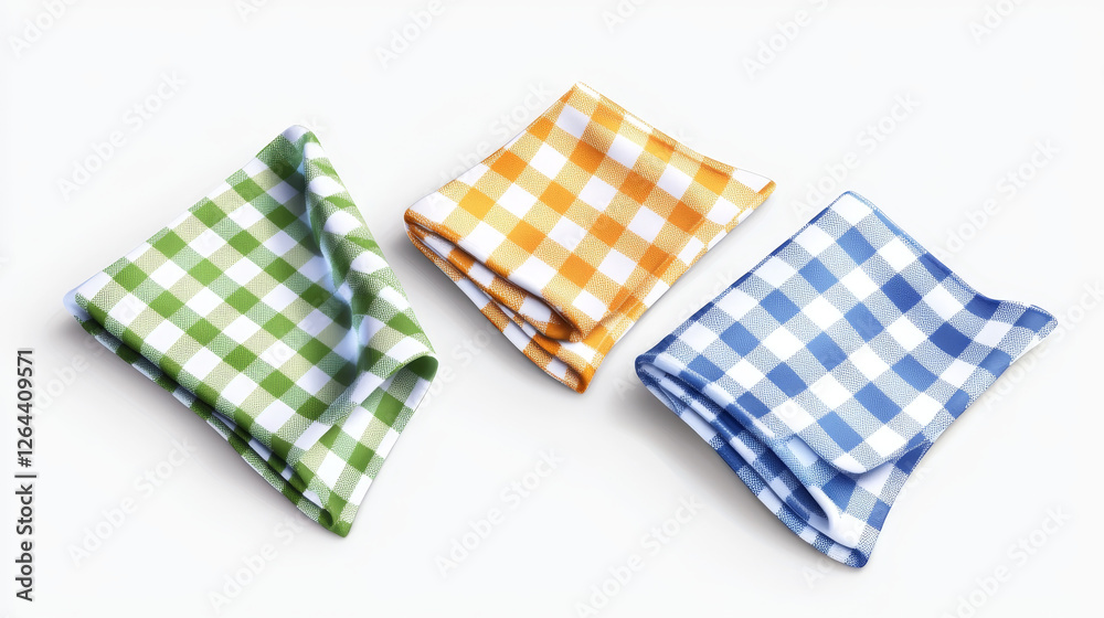 White empty and checkered folded handkerchief mockup. Realistic vector illustration set of cotton gingham cloth napkin or kitchen towel. Fabric traditional textile tablecloth and serviette template. White empty and checkered folded handkerchief mockup. Realistic vector illustration set of cotton gingham cloth napkin or kitchen towel. Fabric traditional textile tablecloth and serviette template.