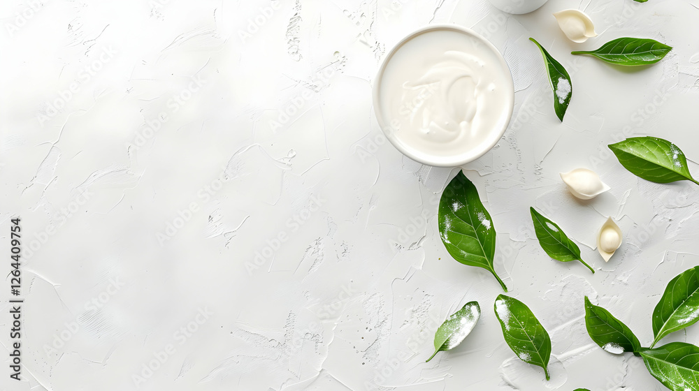 Creamy yogurt in a bowl surrounded by fresh green leaves and garlic cloves on a white surface Creamy yogurt in a bowl surrounded by fresh green leaves and garlic cloves on a white surface