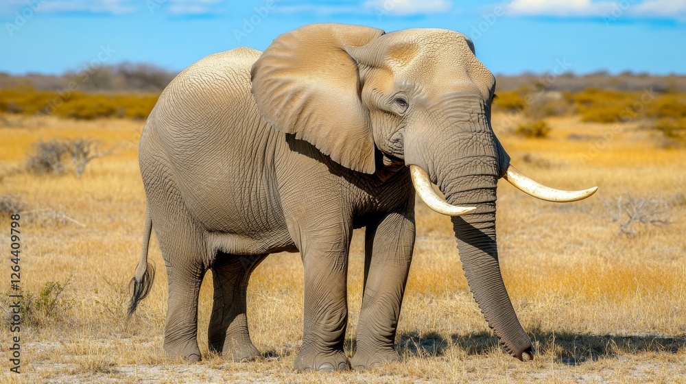 Fototapeta premium African Elephant Covered in Mud Standing Tall on Grassland Under Bright Daylight