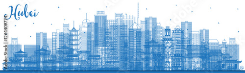 Outline Hubei Province in China. City Skyline with Blue Buildings. Tourism Concept with Historic Architecture. Hubei Cityscape with Landmarks. Wuhan. Xiaogan.