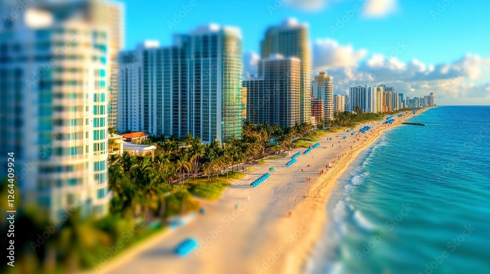 Obraz premium Beautiful Aerial View of Ocean Beachfront Cityscape with Sandy Coastline and Blue Skies