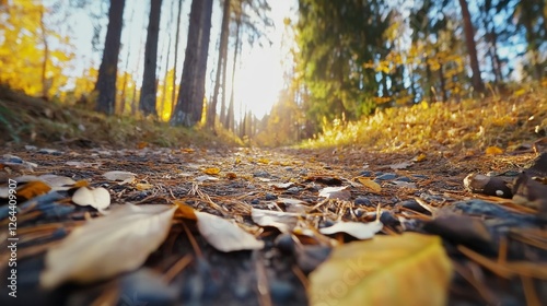 Autumn Forest Path with Fallen Leaves and Warm Sunlight Scenic Golden Landscape