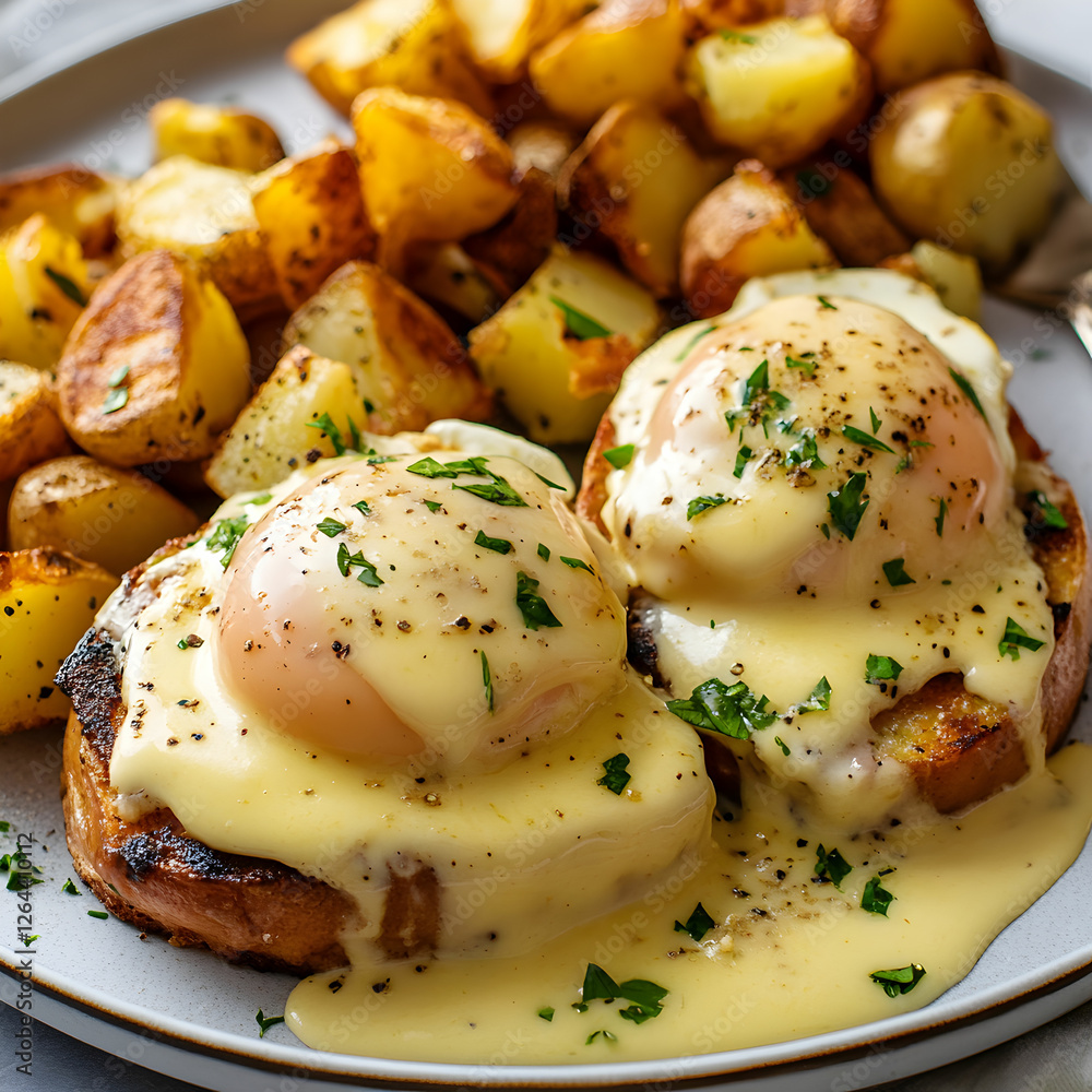 A plate of classic eggs benedict with creamy hollandaise, served alongside crispy golden potatoes A plate of classic eggs benedict with creamy hollandaise, served alongside crispy golden potatoes