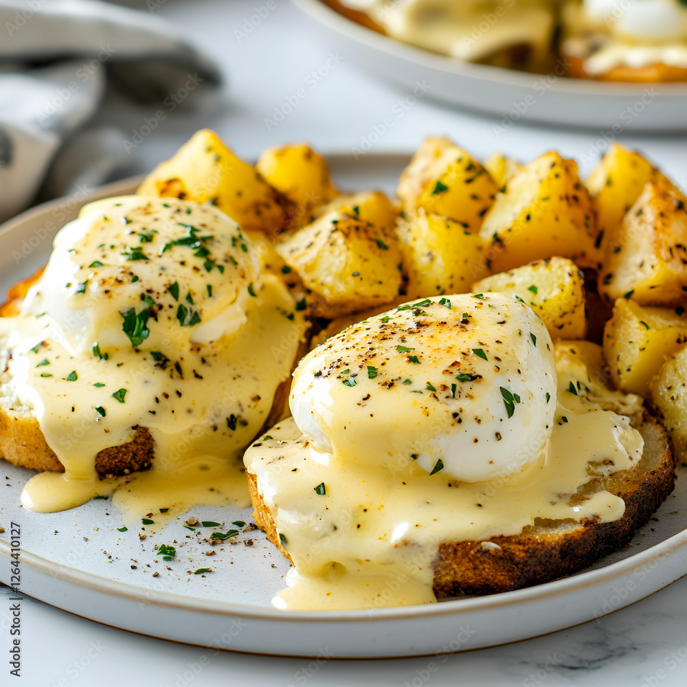 A plate of classic eggs benedict with creamy hollandaise, served alongside crispy golden potatoes A plate of classic eggs benedict with creamy hollandaise, served alongside crispy golden potatoes