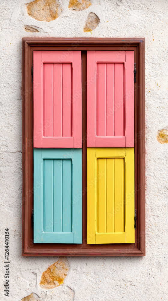 Fototapeta premium Colorful wooden shutters on decorative window, adding charm and vibrancy to wall