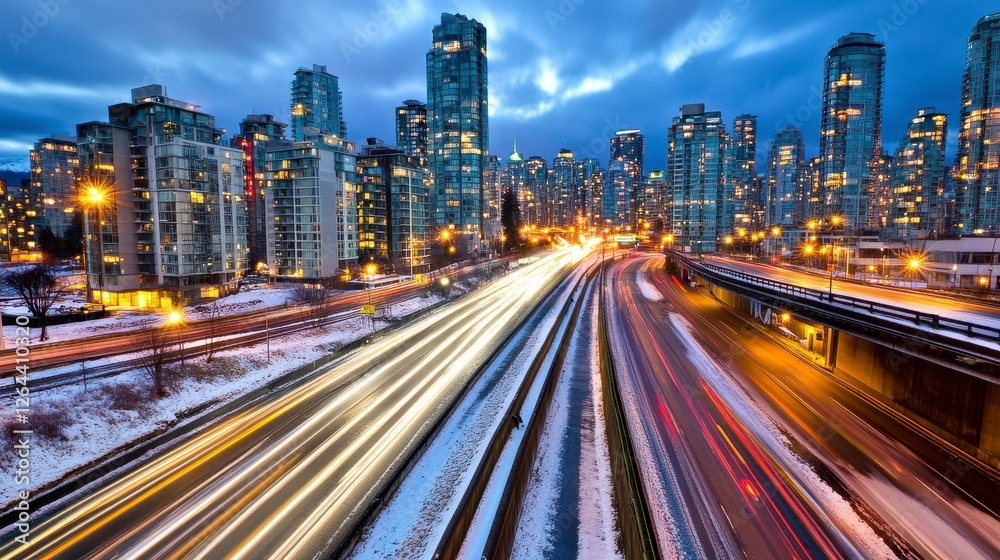 Cityscape at Night with Light Streaks from Traffic on a Main Highway Cityscape at Night with Light Streaks from Traffic on a Main Highway