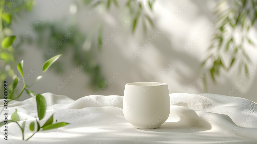 A minimalistic white ceramic cup placed on a soft fabric surface surrounded by lush green foliage A minimalistic white ceramic cup placed on a soft fabric surface surrounded by lush green foliage