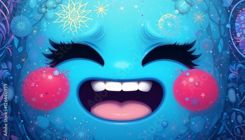 A whimsical, vibrant illustration of a joyful, cartoonish blue creature with a wide, toothy grin, surrounded by colorful abstract elements and sparkling details.