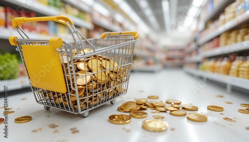 Shopping Cart Overflowing with Golden Coins in Supermarket Aisle