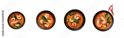 Tom Yam kung Spicy Thai soup with shrimp in a black bowl on a dark and white background, top view